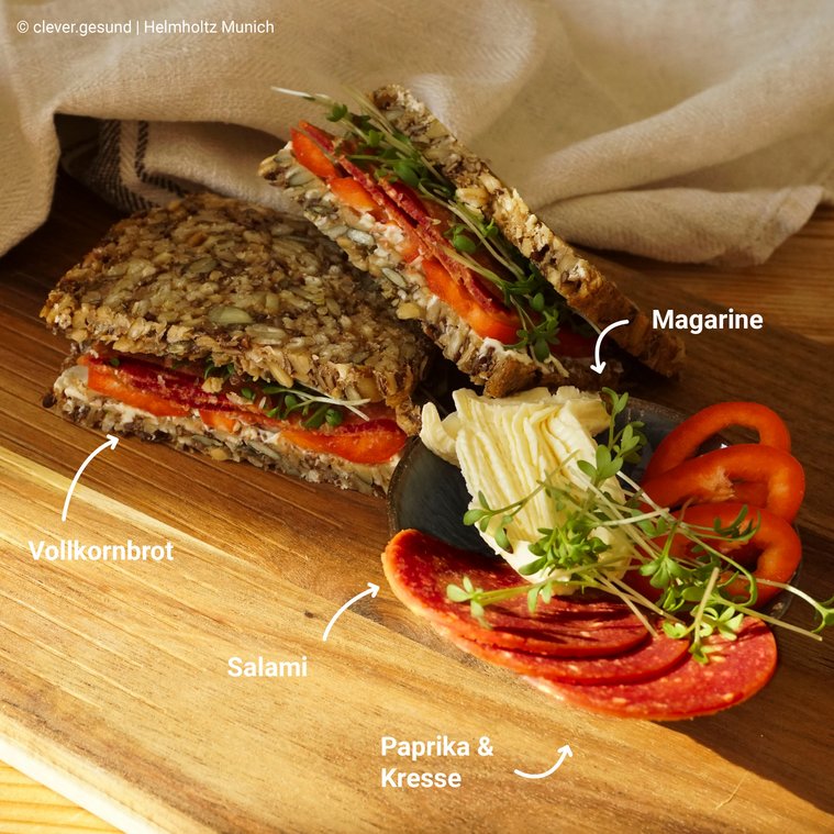 Pausenbrot: Vollkornbrot mit Margarine, (veganer/vegetarischer) Salami, Paprika und Kresse